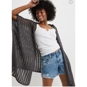 Boho Aerie Gray Open Knit Sweater Hooded Cape O/S Open Front Neutral Beach Fall